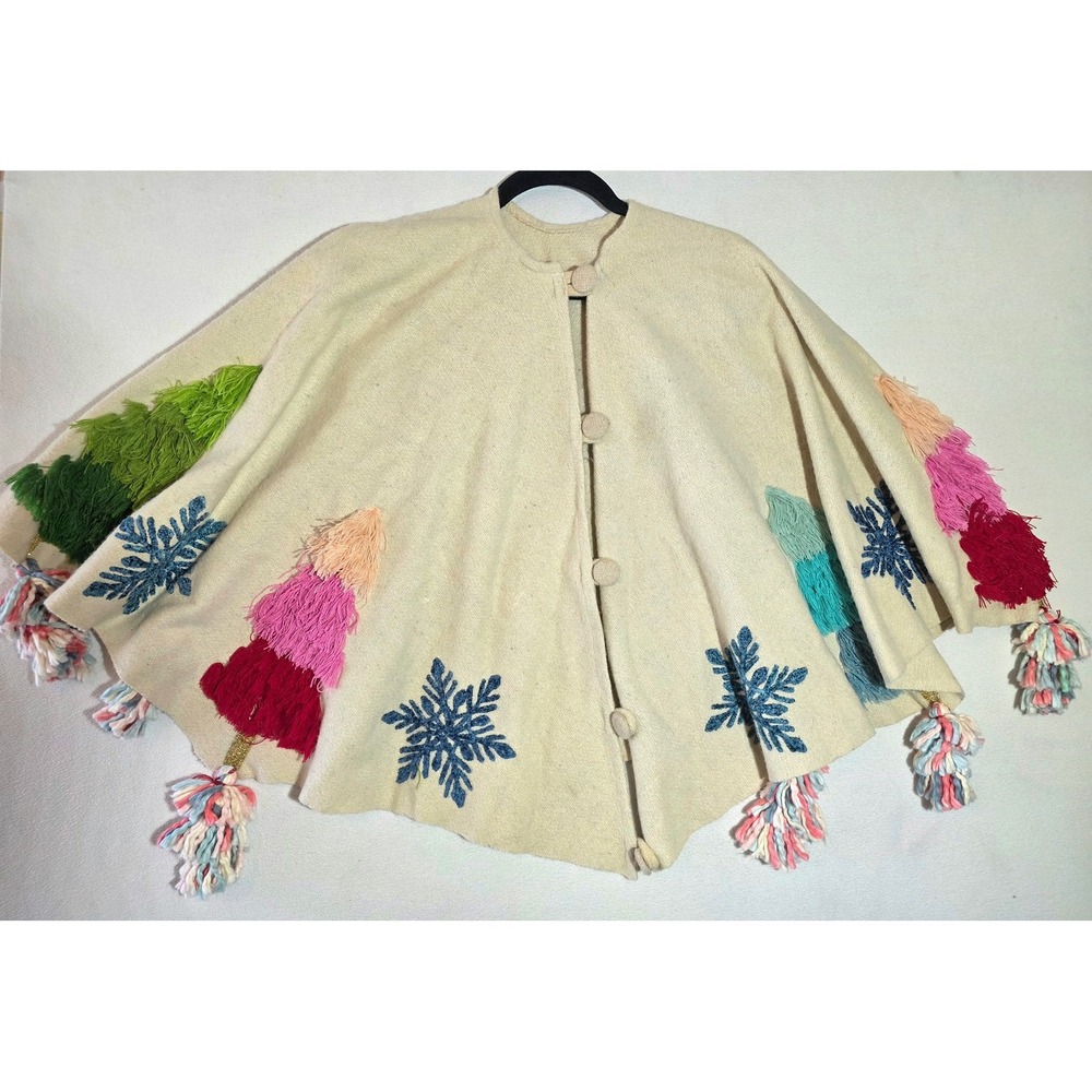 Artisan De Luxe Home Christmas Tree Snowflake Wool Blend‎ Poncho Cape Cream OS